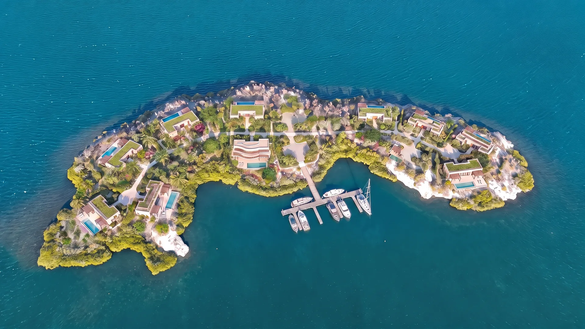 Illustrative concept: imagined residential and marine features on Isla di Yerba, not existing construction or an approved site plan.